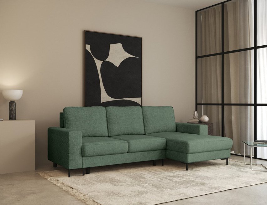 Mokpeo L-shaped corner sofa with sleeping function with two containers on black legs Sorella 34 chenille right-hand side