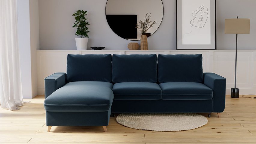 Almirante L-shaped corner sofa with sleeping function with storage, universal, navy blue, hydrophobic velvet