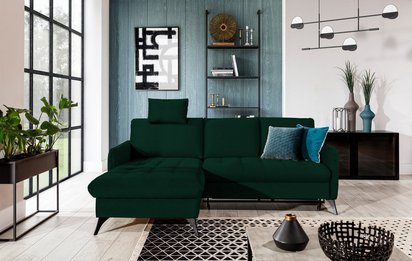 Corner sofa with sleeping function Casotti L-shaped with container and adjustable headrest dark green hydrophobic velvet left side