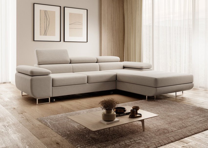 Ganta L-shaped corner sofa with sleeping function with container Castel 03, easy-to-clean velvet, right-hand side