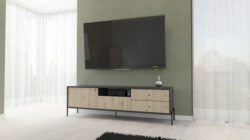 Raviero TV cabinet with three drawers 200 cm Black/Artisan oak