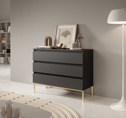 Bemmi Black three-drawer chest of drawers with gold legs