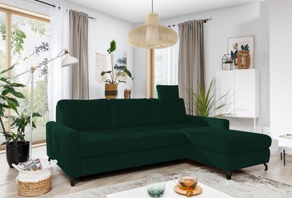 Buriano L-shaped corner sofa with sleeping function with container and adjustable headrest, dark green hydrophobic velvet, right-hand side