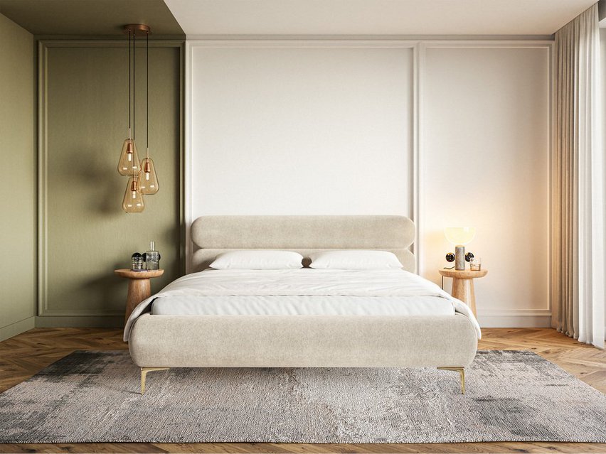 Upholstered bed 140x200 cm Roule Amon 17 hydrophobic velvet gold legs