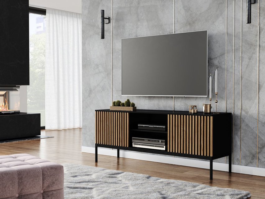 Kastano TV cabinet, two-door, 150 cm, Black/Artisan oak