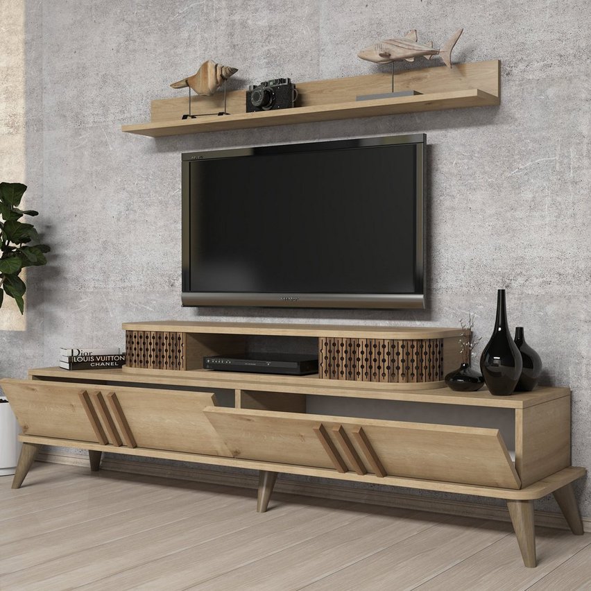 Tauturon oak TV cabinet with wall shelf