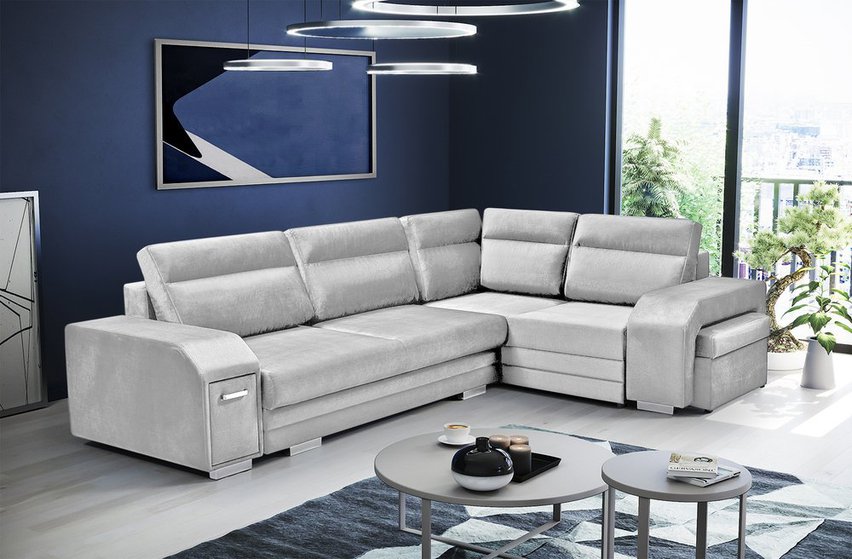 Umill L corner sofa bed with bar and pouffe (Fabric: Monolith 84, Side: Right)