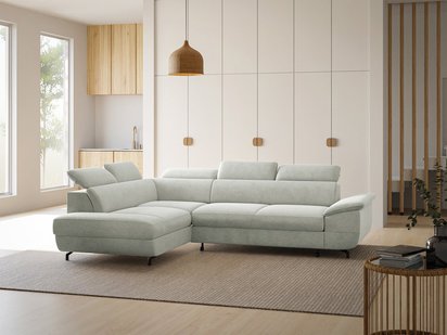 Corner sofa with sleeping function Lambo L-shaped with side section with adjustable headrests and container, gray velvet, easy to clean, left-hand side