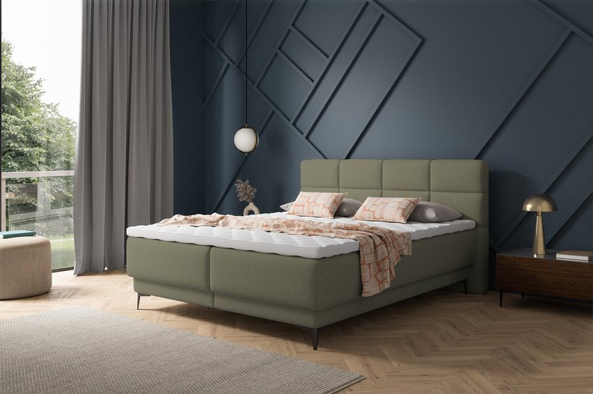 Continental bed 180x200 cm Rektango with container and topper olive velvet