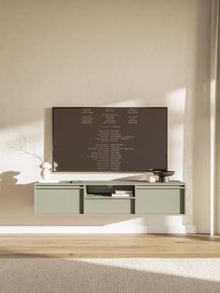 Evo two-door TV cabinet with hanging drawer, 154 cm, sage