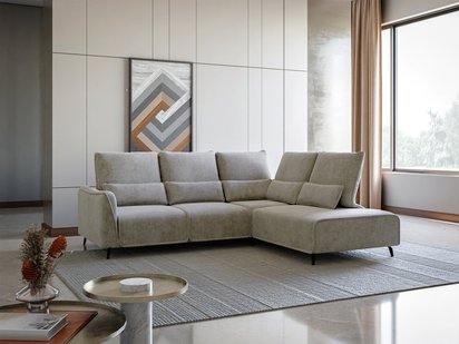 Rumbia L-shaped corner sofa with sleeping function with side section and Storm 09 pouf, black legs, right-hand side