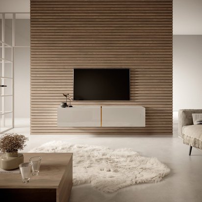 Bisira TV cabinet 140 cm Gray beige with gold insert