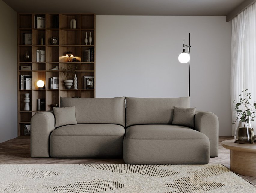 Sollano L-shaped corner sofa with sleeping function with container, universal, dark beige, easy-to-clean chenille