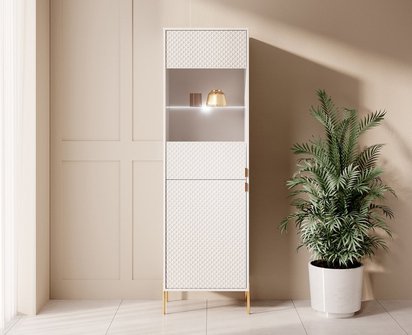 Calvio two-door display cabinet 190 cm fluted front, white with LED and gold legs