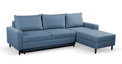 Corner sofa with sleeping function Ninetta Mini Rino 79 with a container in a hydrophobic fabric, wenge legs, right-hand side