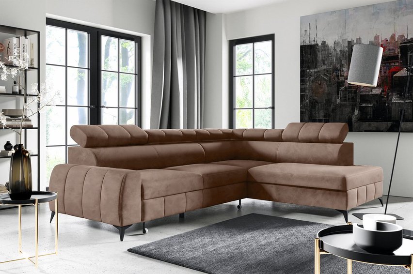 Corner sofa with sleeping function London L-shaped right side with storage Paros 03 velour