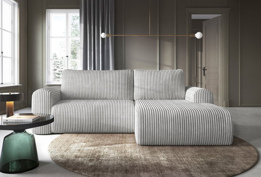 Corner sofa with sleeping function Lelu Tilia 83 L-shaped with a container, thick corduroy, right-hand side