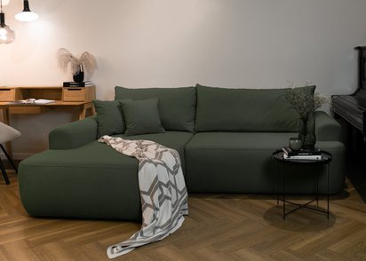 Ovo L-shaped corner sofa with sleeping function with a container in easy-to-clean fabric