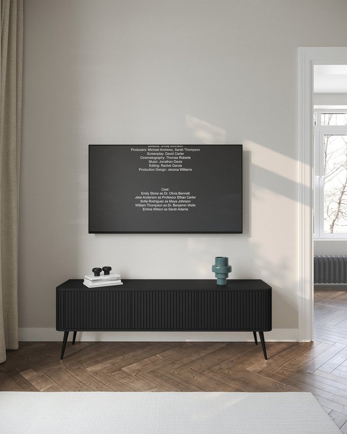 Ovarlo TV cabinet with grooves, three doors, 163 cm, black with black legs