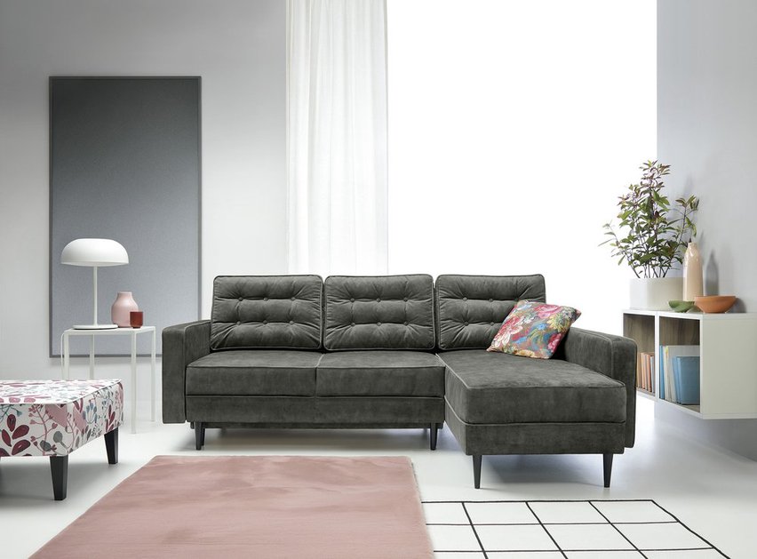 Corner sofa with sleeping function Juttic 227 cm (Fabric: Riviera 91, Legs: Black, Side: Right)