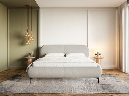 Upholstered bed 160x200 cm Ovalle gray-beige wickerwork hydrophobic legs black