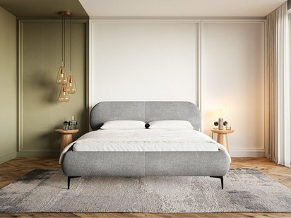 Upholstered bed 140x200 cm Ovalle with storage, metal frame, gray chenille, black legs