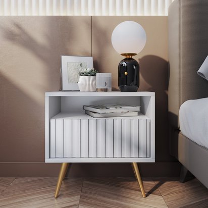 Bello bedside table with a drawer with a lamel front, white and gold legs