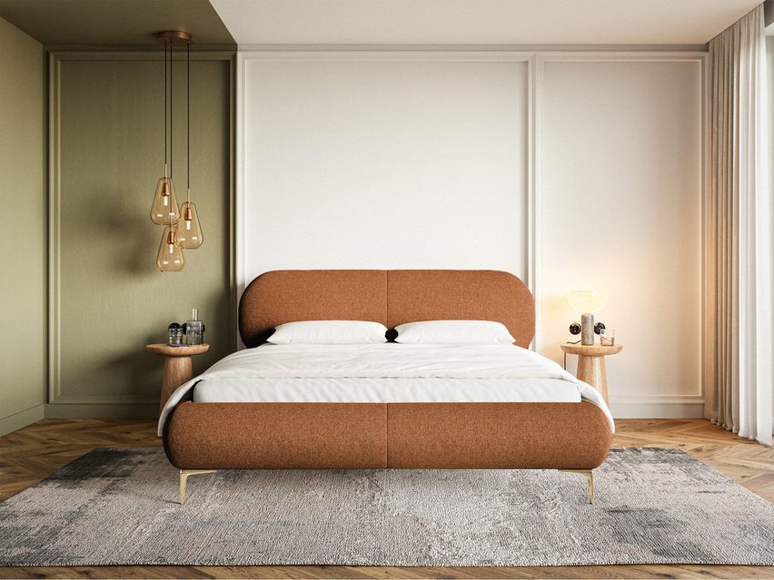 Upholstered bed 140x200 cm Ovalle with storage, metal frame, copper hydrophobic braid, gold legs