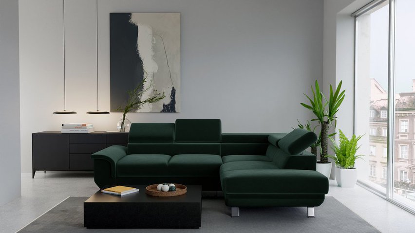 Carenero L-shaped corner sofa with sleeping function with storage and adjustable headrests, dark green hydrophobic velvet, right-hand side