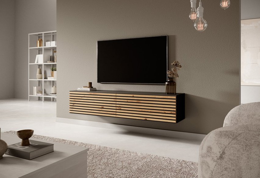 Pavas TV cabinet, 140 cm, graphite with lamella front, artisan oak and graphite inserts