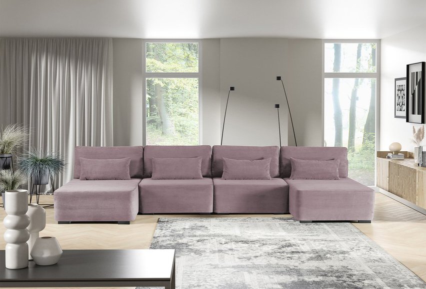 Corner sofa with sleeping function Moduliano U-shaped large with storage universal pink corduroy