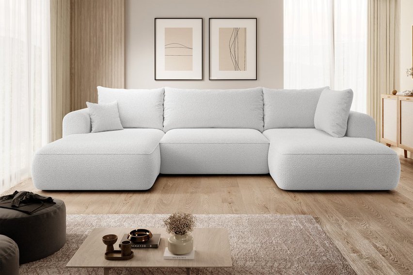 Ovo U-shaped corner sofa with sleeping function with Abriamo 05 boucle container, right-hand