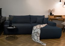 Ovo L-shaped corner sofa with sleeping function with a container in easy-to-clean fabric