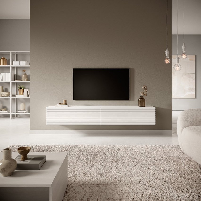 Pavas TV cabinet, 175 cm, white with lamella front