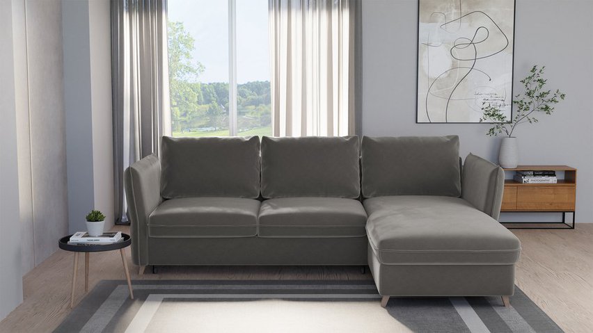 Corner sofa with sleeping function Bastimento L-shaped with storage universal gray-brown hydrophobic velvet