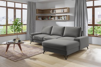 Corner sofa with sleeping function Bewello L-shaped with storage Matt Velvet 85 velour easy-cleaning hydrophobic right-sided