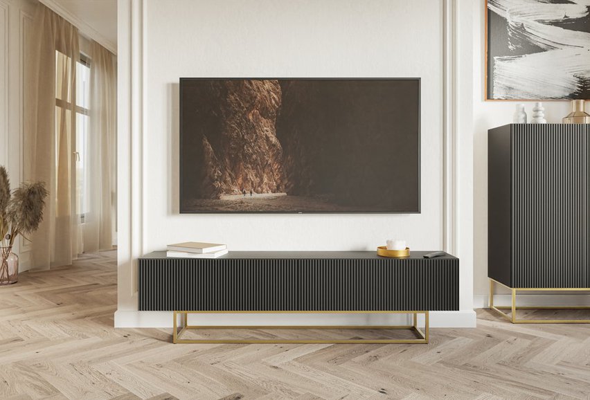 Veldio TV cabinet with milled front 175 cm Black with gold legs