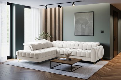 Corner sofa with sleeping function Pessi Castel 04 L-shaped with container and adjustable headrests easy-cleaning velvet left-hand side