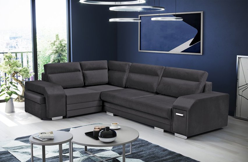 Umill L corner sofa bed with bar and pouffe (Fabric: Monolith 97, Side: Left)