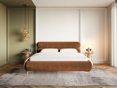 Upholstered bed 140x200 cm Roule with storage, metal frame Amon 24, hydrophobic velor, gold legs