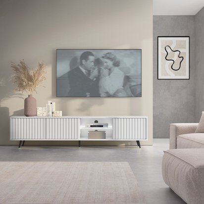 Bello TV cabinet with slatted fronts 175 cm white with LED and black legs