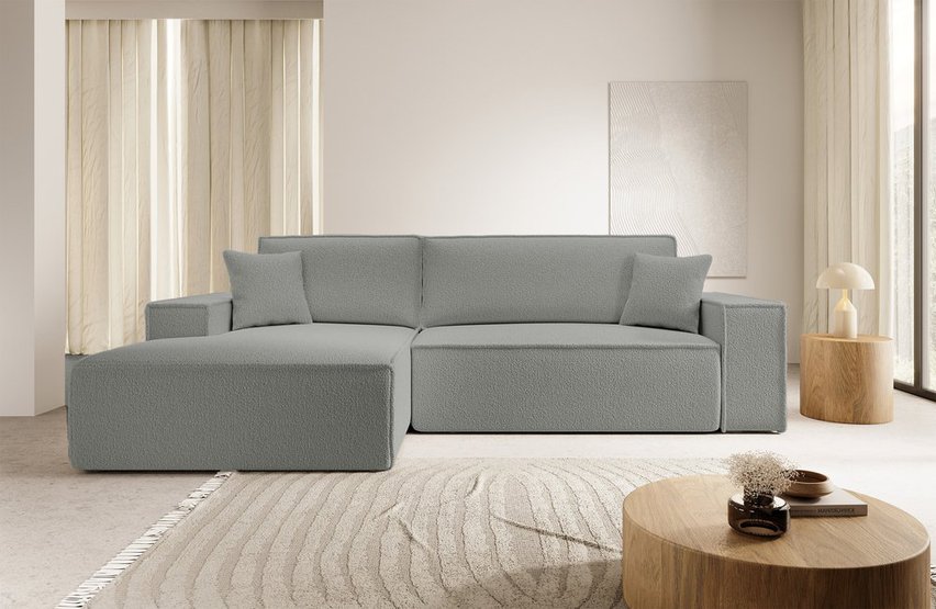 Farese New L-shaped corner sofa with sleeping function with a left-handed gray boucle container