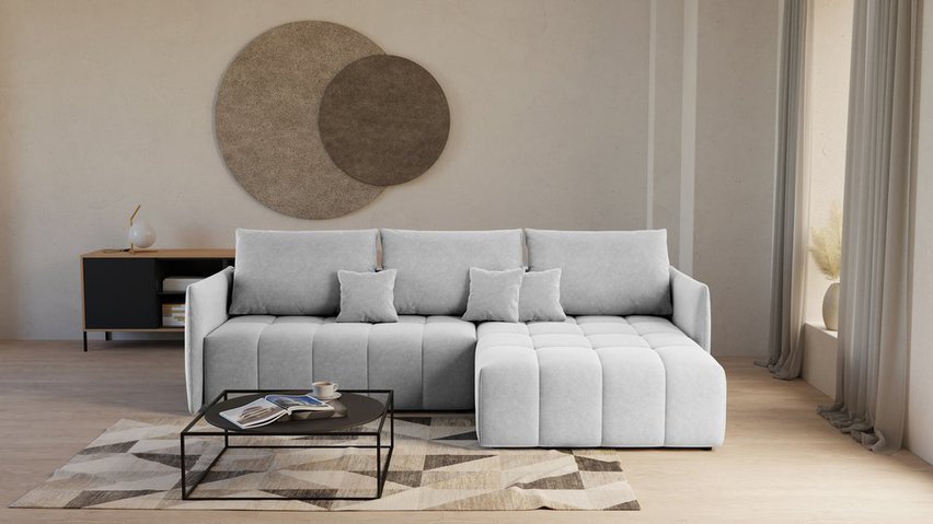 Boquete L-shaped corner sofa with sleeping function with storage, universal, light gray, in easy-clean fabric