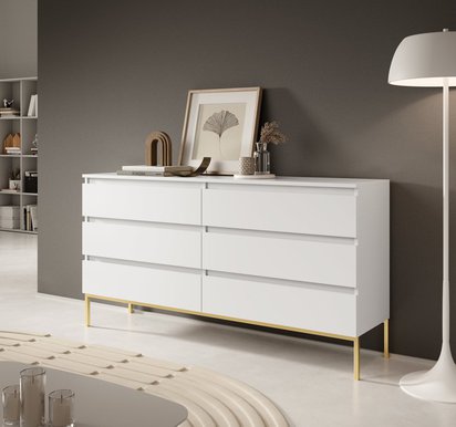 Bemmi white six-drawer chest of drawers with gold legs