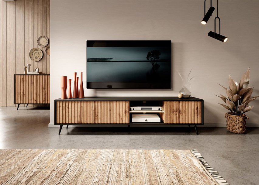 Bello TV cabinet with lamella fronts, 175 cm, black/Wotan oak with LED