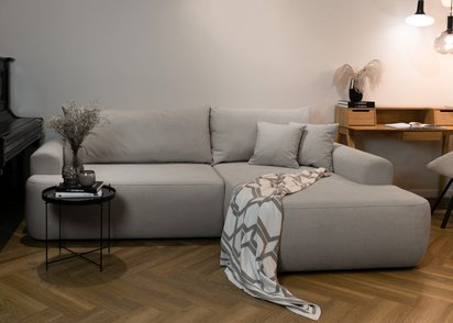 Ovo L-shaped corner sofa with sleeping function with a container in easy-to-clean fabric