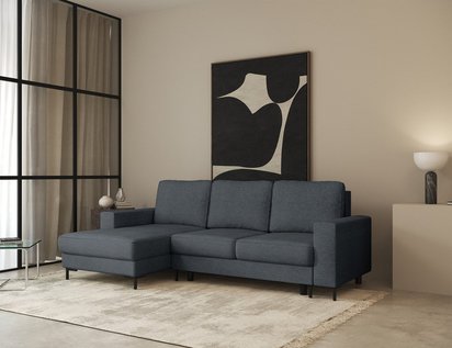 Mokpeo L-shaped corner sofa with sleeping function with two containers on black legs Sorella 89 chenille left-hand side