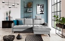 Corner sofa with sleeping function Casotti L-shaped with container and adjustable headrest gray hydrophobic velvet right-hand side