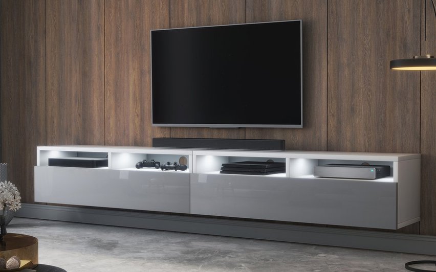 TV cabinet with two drawers Rednaw 200 cm (Matt White / Glossy Gray, LED)