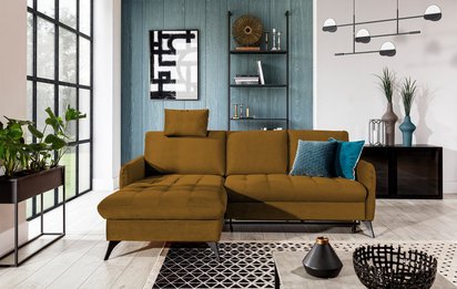 Corner sofa with sleeping function Casotti L-shaped with container and adjustable headrest mustard velour hydrophobic left-hand side